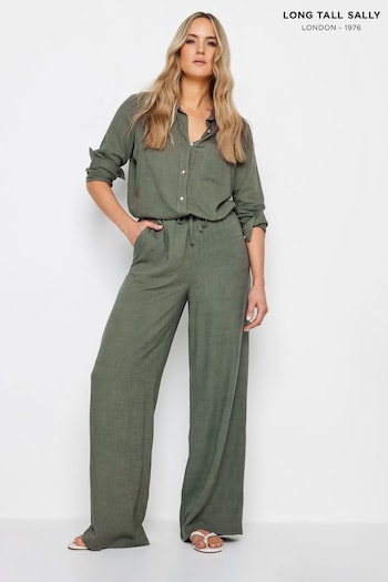 Long Tall Sally Khaki Green Linen Wide Leg Trousers pleated (N26752) | £39