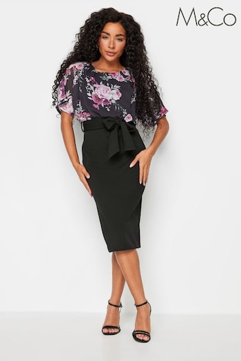 M&Co Black Petite Floral Print 2-In-1 Tie Belt Dress (N26755) | £45