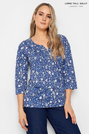 Long Tall Sally Navy Blue Floral Print Cotton Henley Top (N26789) | £22