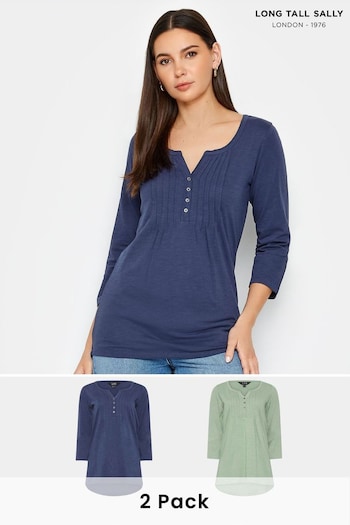 Long Tall Sally Mid Blue Cotton Henley Tops 2 Pack (N26806) | £39