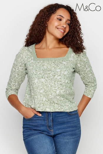 M&Co Green Square Neck 3/4 Sleeve Top (N26975) | £22
