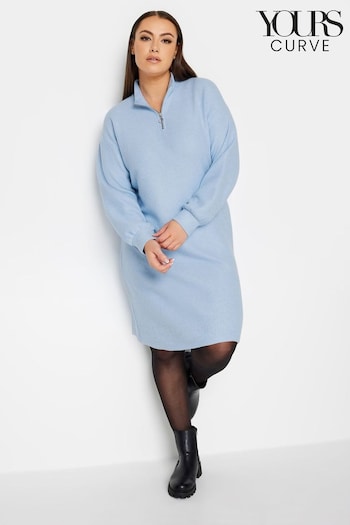 Yours Curve Blue Soft Touch Ribbed Half Zip Midi Dress Bleu (N27012) | £34