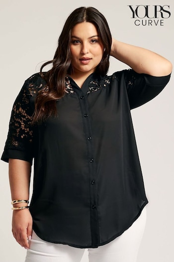 YOURS LONDON Curve Black Lace Sleeve Shirt (N27077) | £34