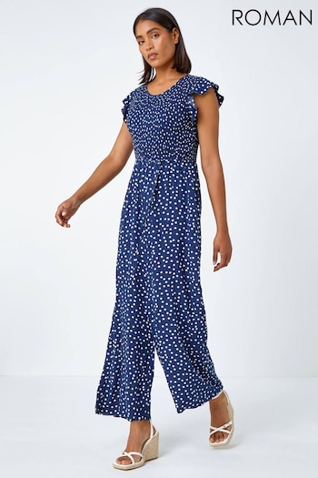 Roman Blue Polka Dot Shirred Jumpsuit (N27195) | £40