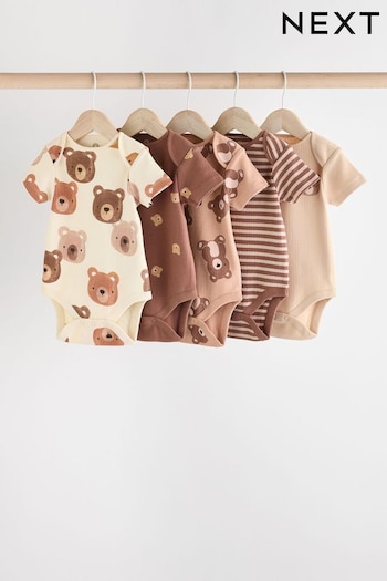 Brown Bear Face Baby 100% Cotton Short Sleeved Bodysuits 5 Pack (N27297) | £17 - £19