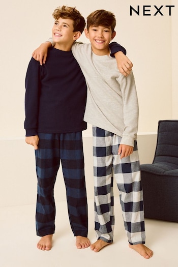 Navy/Grey Textured Top 2 Pack Long Sleeve Woven Check 100% Cotton Pyjamas (3-16yrs) (N27306) | £26 - £35