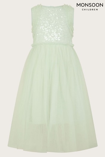 Monsoon Green Priscilla Sequin Ruffle Dress (N27416) | £45 - £49