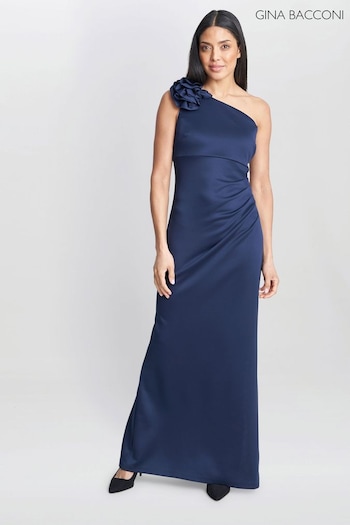 Gina Bacconi Blue Agatha 3D Flower Detailed One Shoulder Maxi Dress (N27538) | £250