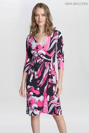 Gina Bacconi Pink Anabelle Printed Jersey Ruffle Dress (N27557) | £120