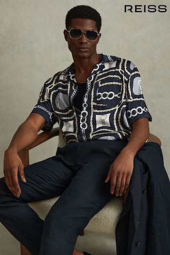 Reiss Navy Jenson Chain Print Cuban Collar Shirt (N27559) | £128