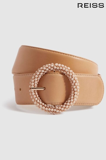 Reiss Tan Jasmine Leather Beaded Buckle Belt (N27573) | £68