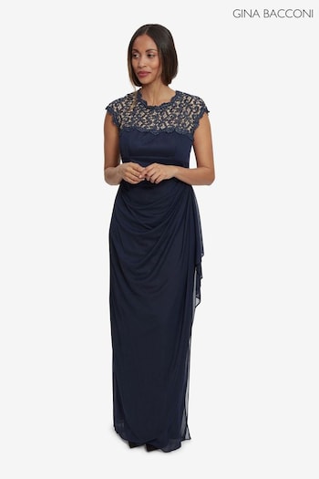 Gina Bacconi Blue Eleanor Maxi Mesh Dress With Metallic Lace & Cut-Out Back (N27587) | £270