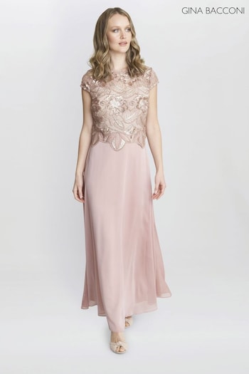 Gina Bacconi Gold Shirley Maxi Dress With Embroidered Sequin Bodice (N27589) | £299