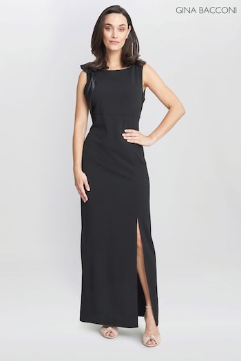 Gina Bacconi Merle Bow Shoulder Maxi Black Dress (N27594) | £230