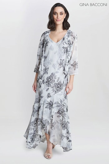 Gina Bacconi Mandy Midi Length Sleevless Printed White Dress And Poncho (N27600) | £250