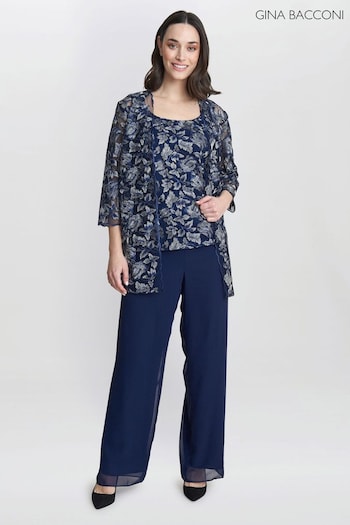 Gina Bacconi Blue Nikki 3 Piece Trousers Suit: With Embroidered Tank Top And Elongated leather Jacket (N27623) | £260