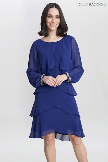 Gina Qualidade Bacconi Blue Sakura Long Sleeved Tiered Dress With Rhinestone Beading At Cuff (N27624) | £240