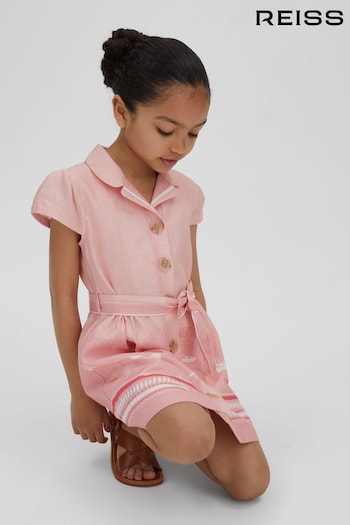 Reiss Pink Print Eliza Senior Cotton Linen Capped Sleeve Belted Dress (N27638) | £74