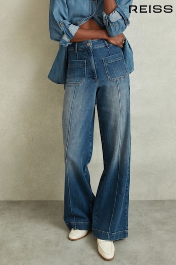 Reiss Mid Blue Kira Front Pocket Wide Leg overlay Jeans (N27673) | £150