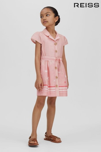 Reiss Pink Print Eliza Junior Cotton Linen Capped Sleeve Belted Dress (N27683) | £68