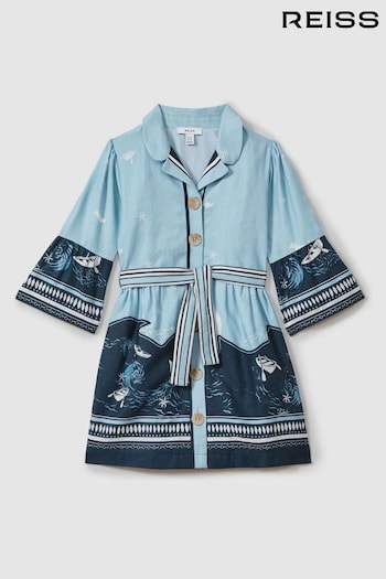 Reiss Blue Print Hettie Cotton Linen Flared Sleeve Dress (N27692) | £80