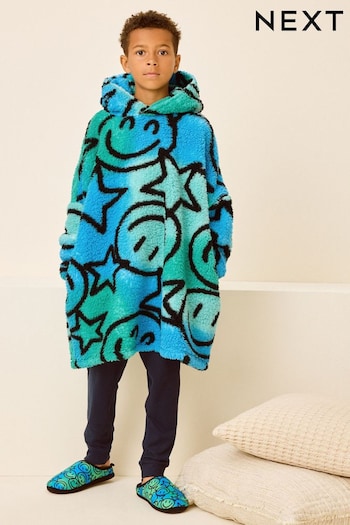 Blue/Green Smiley Face Fleece Hooded Blanket (3-16yrs) (N27757) | £18 - £25