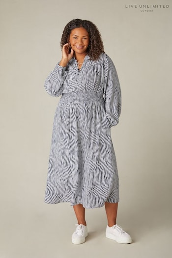 Live Unlimited Curve Grey Leaf Print Shirred Waist Midaxi Dress (N27988) | £89