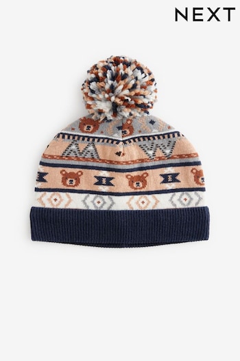 Blue/Brown Bear Baby Pom Knitted Hat (0mths-2yrs) (N28193) | £8