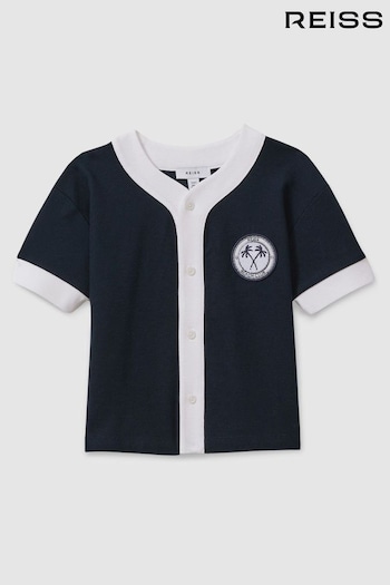 Reiss Navy/White Ark Teen Textured Cotton Baseball Shirt (N28314) | £46