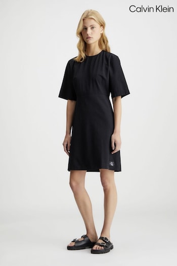 Calvin Moderne Klein Back Detail Seersucker Black Dress (N28344) | £100