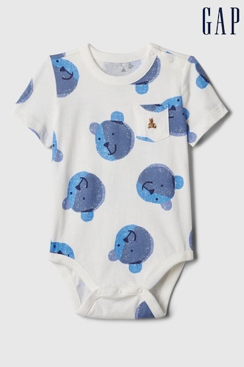 Gap White & Blue Brannan Bear Pocket Short Sleeve Bodysuit (Newborn-24mths) (N28403) | £8