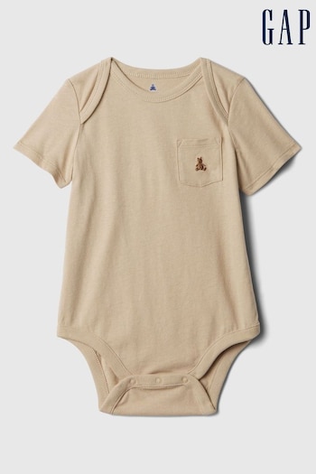Gap Beige Brannan Bear Pocket Short Sleeve Bodysuit (Newborn-24mths) (N28407) | £6