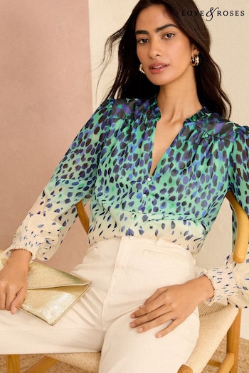 Flowers & Plants Blue Green Animal Floral Print V Neck Puff Sleeve Blouse (N28415) | £39