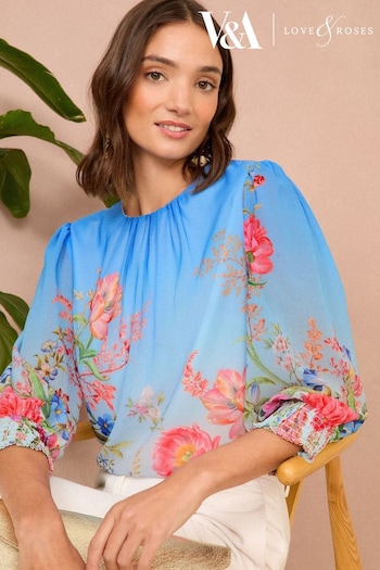 V&A | Love & Roses Blue Floral Floral Placement Print 3/4 Sleeve Blouse (N28421) | £42