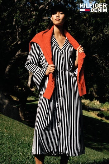 Tommy Monogram Hilfiger Stripe Midi Shirt Dress (N28669) | £180