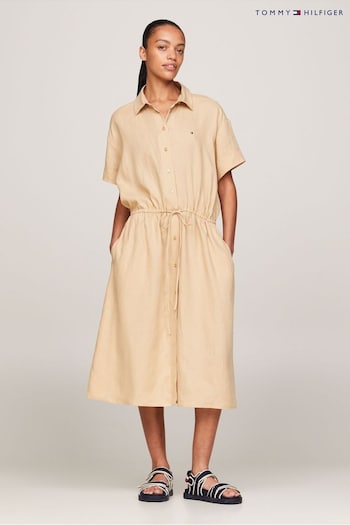 Tommy Hilfiger Linen Midi Brown Shirt Dress (N28712) | £180