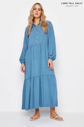 Long Tall Sally Blue Chambray Smock Tiered Dress (N28891) | £39