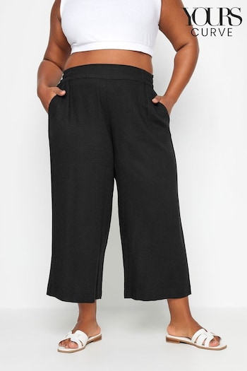 Yours Curve Black Wide Leg Cropped Linen Reveals Trousers (N29036) | £27