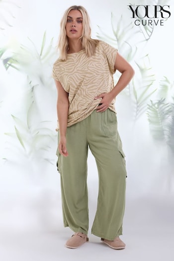 Yours Curve Khaki Green Linen Wide Leg Cargo Trousers Slinky (N29093) | £31
