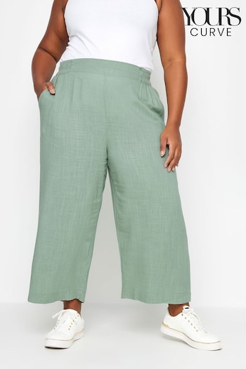 Yours Curve Sage Green Wide Leg Cropped Linen Trousers Femme (N29108) | £27