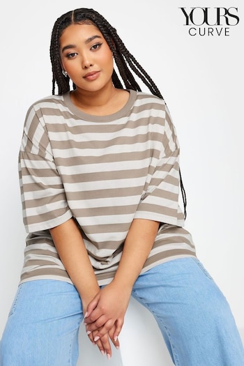 Yours Curve Mocha Brown Stripe Boxy T-Shirt (N29119) | £19