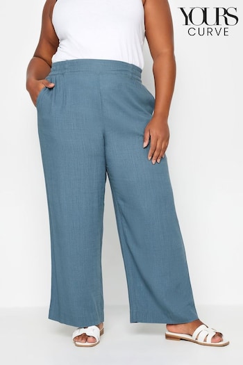 Yours Curve Blue Pull On Wide Leg Linen Trousers (N29123) | £29