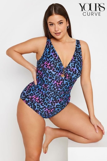 Yours Curve Blue & Pink Ombre Leopard Print Tummy Control Swimsuit (N29140) | £34