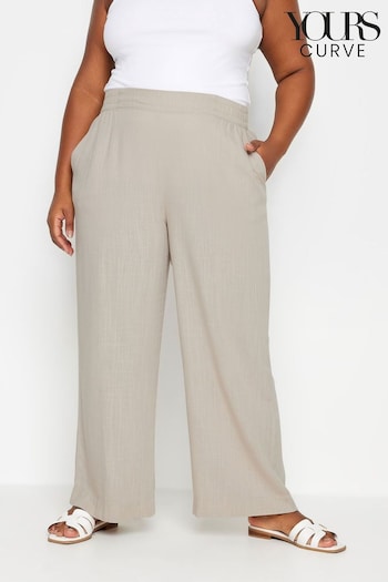 Yours Curve Stone Brown Pull On Wide Leg Linen Trousers Slinky (N29142) | £29