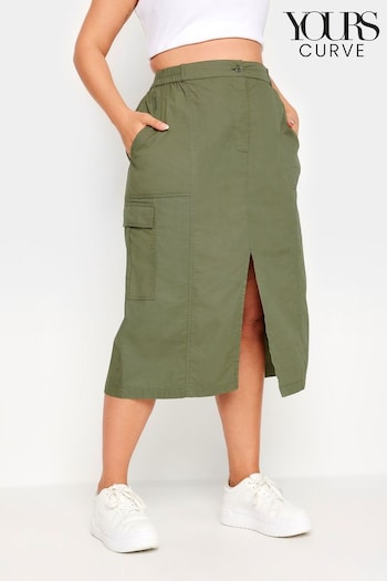Yours Curve Khaki Green Split Hem Cargo Midi Skirt (N29163) | £29