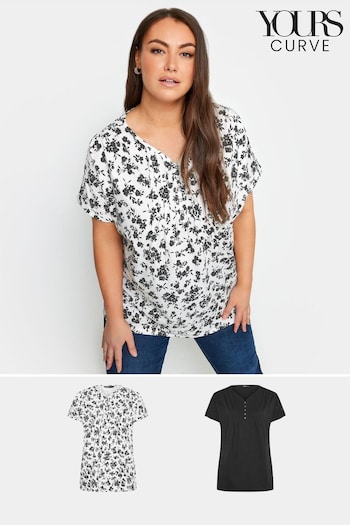 Yours Curve Black 2 PACK Floral Pintuck Henley Blouses (N29174) | £35