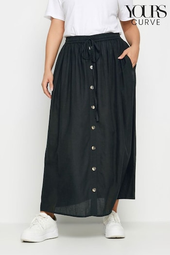 Yours Curve Black Chambray Button Front Maxi Skirt (N29182) | £29