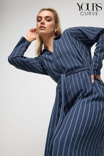 Yours Curve Navy Blue Textured Pinstripe Midi Dress (N29191) | £38