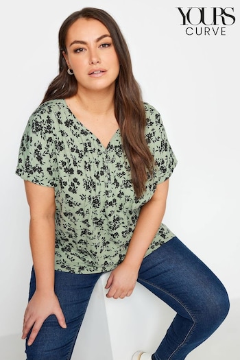 Yours Curve Green Floral Print Pintuck Henley T-Shirt (N29200) | £21