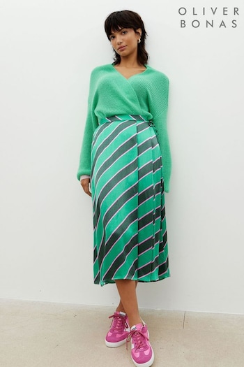 Oliver Bonas Green Diagonal Stripe Midi Skirt (N29291) | £65